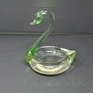 Art Glass Green And Clear Swan Trinket Dish